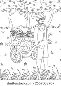 Boy carrying cart coloring page vector