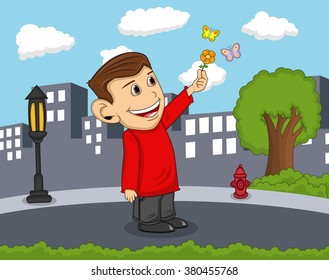 A boy carrying flowers and surrounded by butterfly with city background cartoon vector illustration