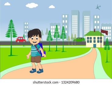 boy carrying his school backpack.  Cute boy in uniform going to school. Vector illustration of Cute boy in a school uniform . boy carrying his school backpack. 