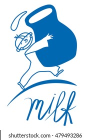 The boy is carrying a jug of milk vector illustration of logo production of dairy products