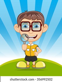 The boy carrying magnifying glass vector illustration