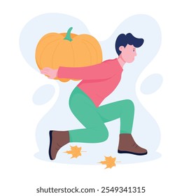 Boy carrying pumpkin flat character illustration 