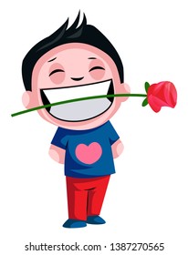 Niño cargando rosa en sus dientes ilustración vector de fondo blanco