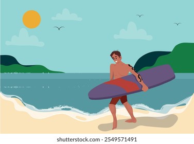 Boy carrying a surfboard, surfer going to the sea to surf. vector illustration.