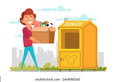 Boy carrying toys donations flat illustration. Little smiling kid cartoon character holding cardboard box with belongings for children in need. Modern city charity and donation bin drawing