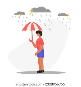 Boy carrying umbrella during heavy rain illustration. Little boy holding umbrella vector illustration