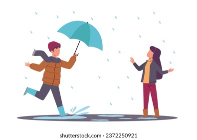 Boy carrying umbrella for girl in rain. Kind child with good manners offers help. Kids in warm autumn outdoor clothes walking on puddles. Cartoon flat style isolated vector concept