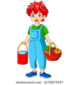 A boy carrying vegetables and a bucket of red hair. Vector illustration