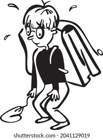 The boy is carrying a very heavy schoolbag on his back. He is tired and sweaty
