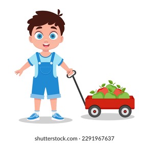 Niño con un carrito de manzanas. Ilustración del vector