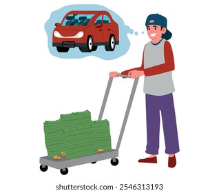 Un chico con un Carrito lleno de dinero imaginando el coche elegante que quiere comprar. Carácter infantil con dinero. Ilustración vectorial de Personas de dibujos animados.