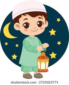 boy cartoon bring lantern ramadan islamic theme