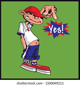 Boy cartoon with a cap that says yes in green background isolated. Character vectorial 