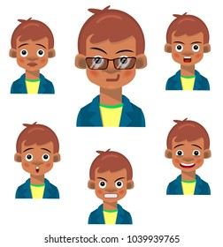 boy, cartoon character, avatar, schoolboy, teenager, emotions, Trendy avatar for your blog. Cartoon portrait. emotions set. Vector illustration isolated on white background.