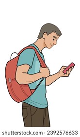 A boy (cartoon character) with a backpack on shoulder  use cellphone, chatting, surfing internet. Man holding mobile phone in hands. Flat graphic vector illustration isolated on white background.