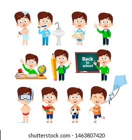 Boy cartoon character. Cute boy, set of eleven poses. Funny cartoon character. Vector illustration.