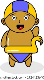 a boy cartoon character and a float in the shape of a flamingo in summer