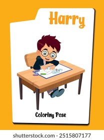 A boy cartoon character with a head full of  brown hair and a pair of round, vintage-style spectacles colouring pose. Boy Joyfully colouring with crayons. 