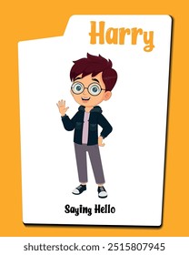 A boy cartoon character with a head full of brown hair and a pair of round, vintage-style spectacles saying hello pose.