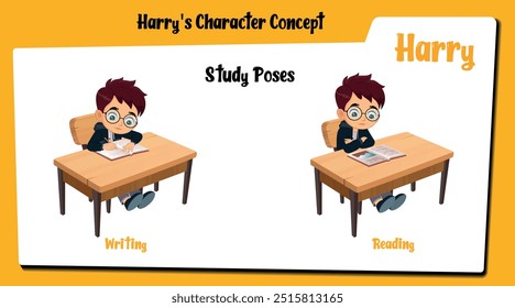 A boy cartoon character with a head full of brown hair and a pair of round, vintage-style spectacles. Boy is seated at his wooden desk, deeply engrossed in his favourite activity writing and reading.