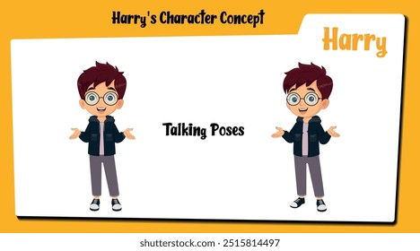 A boy cartoon character with a head full of brown hair and a pair of round spectacles. Boy front talking pose. In this delightful illustrated pose, boy front and 1-3 standing pose.