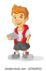 Boy Cartoon character holding a computer tablet. Vector illustration in cartoon style.