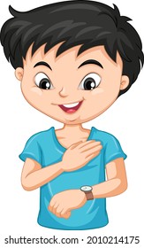 Boy cartoon character looking at wrist watch illustration