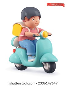 Niño, personaje de dibujos animados montando un icono scooter 3d vector