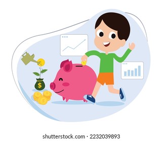 boy cartoon character saving money in piggy bank. children invest from childhood. simple investment concept