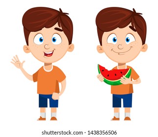 Boy cartoon character, set of two poses. Cute funny child eating watermelon and waving hand. Fun concept. Happy kid. Colorful vector illustration.