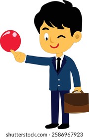 A boy cartoon character taking ball in one hand and one hand bag in other hand 