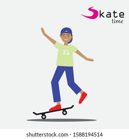 boy cartoon character vector wears a cap backwards while riding on skate board.