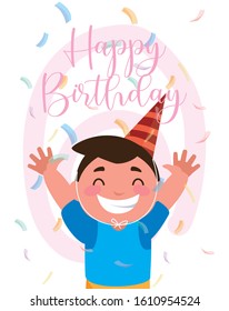 Boy cartoon with hat design, Happy birthday card celebration decoration surprise party anniversay and invitation theme Vector illustration