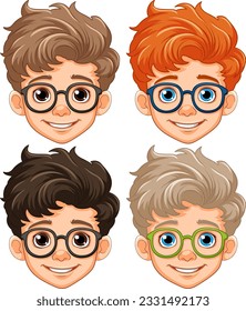 Boy cartoon head wearing glasses isolated illustration