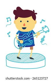 Boy Cartoon Made Music With Singing And Play Electric Guitar On Isolated Background