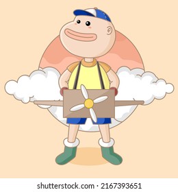 boy cartoon  mascot in cardboard airplane costume