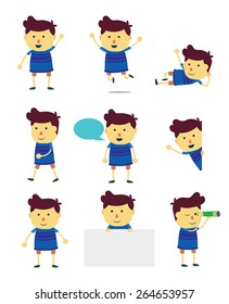Boy cartoon mascot set in many action is composed of walk, present, speak, looking, greeting and etc.