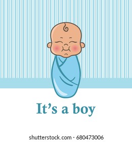 It's a boy. Cartoon newborn baby vector postcard. Colorful hand drawn vector Caucasian newborn baby. Baby shower invitation card.