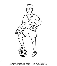 Dibujo de un chico que hace deporte diferente: fútbol, fútbol americano, baloncesto. Joven ganadora de medalla adolescente.El concepto de deporte juvenil.  Ilustración vectorial de existencias aislada en estilo moderno plano