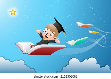 Boy cartoon in scholar costume flying on book with other books chasing golden star in the sky