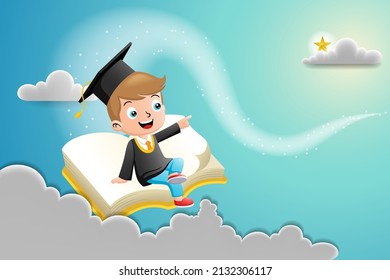 Boy cartoon in scholar costume flying on book looking for golden star in the sky