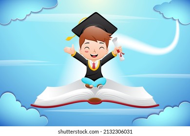 Boy cartoon in scholar costume holding diploma flying with book on blue sky background