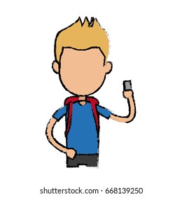 boy cartoon student young character with smartphone and backpack