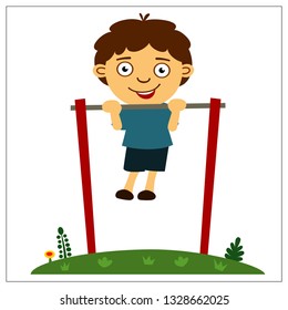Boy in cartoon style pulls himself up on horizontal bar.