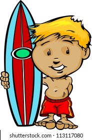 Boy Cartoon Surfer with Swimsuit and Surfboard Vector Illustration