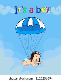 It's a boy cartoon vector illustration with cute baby in pilot hat falling down with blue parachute in cloudy sky background. Baby shower greeting card design. Newborn awaiting baby arrival concept.