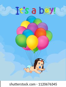 It's a boy cartoon vector illustration with cute baby in pilot hat falling down on bunch of helium balloons on blue cloudy sky background. Baby shower greeting card. Newborn baby arrival concept.
