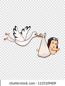 It's a boy cartoon vector illustration with stork bringing cute baby wearing pilot hat isolated on transparent background. Baby shower clip art or sticker for greeting card. Newborn arrival concept