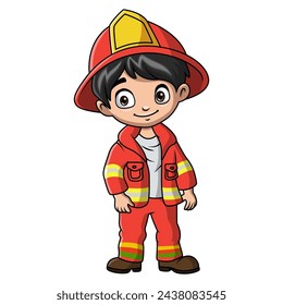 Boy cartoon wearing costume fire fighter