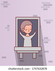 boy cartoon at window design, architecture stay at home and house theme Vector illustration